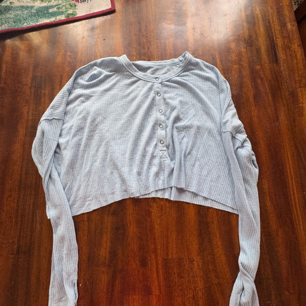 light blue button airy soft cropped long sleeve
